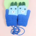 Gants en tricot de dessin animé mignon d'hiver pour enfants avec cordon de cou bleu garçons filles - 3-7 Ans / Bleu