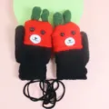 Cute cartoon bear kids winter gloves, warm thick knit mittens with neck string, black and red variant. - 3-7 Years / Black