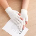 Winter knit half finger gloves for women and men, cute warm woven gloves for daily outdoor wear. - One Size / Jacquard Two-Finger White