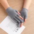 Grey knit half finger gloves for winter warm touch screen student daily wear apparel accessories - One Size / Jacquard Two-Finger Gray