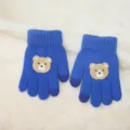 Gants tricotés chauds d'hiver pour enfants mignon ours dessin animé bleu cinq doigts molletonnés - (1-5 Ans) Bleu Roi