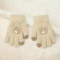 Cute children's knit gloves in beige with adorable bear embroidery for winter warmth. - (1-5 Years) Beige