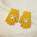 Children winter warm knit gloves with cute bear patch, yellow fleece lined full finger daily wear. - (1-5 Years) Yellow