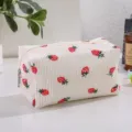 Corduroy strawberry print cosmetic bag, large capacity portable makeup storage pouch. - Beige