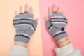 Grey striped convertible half-finger knit gloves, warm winter children hand wear. - 2-6 Years / Dark Gray
