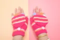 Kids Winter Plush Convertible Gloves Pink Striped Half Finger Warm Mittens for Daily - 2-6 Years / Rose Red