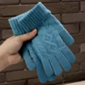 Winter adult warm knit gloves in solid blue, cozy outdoor cold-weather thermal hand wear. - Blue