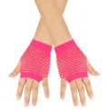 Neon pink fishnet fingerless gloves, stylish mesh design for parties, clubs, and dance events. - Rose Red