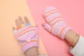 Children winter warm knit convertible flip gloves pink striped half finger cute mitten wear - 2-6 Years / Pink