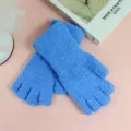 Gants sans doigts moelleux bleus confortables pour femmes, polaire corail hiver chaud. - Bleu saphir
