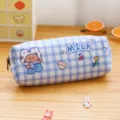 Cute blue plaid pencil case, large capacity stationery pouch with adorable bear milk print. - Milk Bear