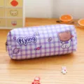 Cute purple plaid pencil case with space bear design, large capacity waterproof student pen bag. - Space Bear