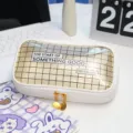Minimalist transparent pencil pouch with cute grid design, white PU leather and metal zipper. - White