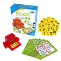 Vue détaillée du jeu de bingo numéroté pour enfants avec cartes jetons et console rouge. - Type standard
