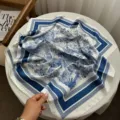 70cm satin imitation silk square scarf with blue and white toile de jouy pattern for women. - Sky Blue Jungle / 70*70cm