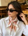 70cm satin silk square scarf for women, elegant floral neck scarf and stylish head wrap. - Pink White Landscape / 70*70cm