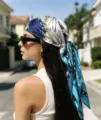 Women vintage silk square scarf blue white baroque fashion headscarf hair accessory - 90x90cm / Blue Carriage