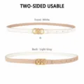 Women Reversible Thin Belt Gold Triple Ring Buckle White Grey For Casual Outfits - White and Light Gray