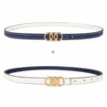 Women's thin reversible leather belt with triple gold ring buckle, simple fashion style for dress decoration. - Blue And White