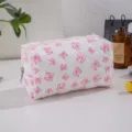 Cute pink bow quilted cosmetic bag, large capacity portable travel makeup storage pouch for women. - Pink