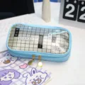 Blue transparent grid pencil pouch, cute student stationery organizer with zipper. - Blue