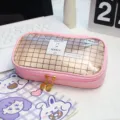 Pink transparent grid pencil case, cute Korean style stationery bag for students and teens. - Pink