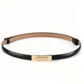 Womens slim black leather belt with elegant gold metal clasp for stylish dress and suit outfit - Gold Buckle Black Matte / 1.5*55-95cm