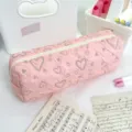 Pink heart pattern quilted pencil case, large capacity soft stationery pouch for students. - Pink