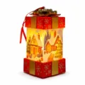 Christmas gift box shaped LED lantern with snowy village scene and gold bow decor - House / Red