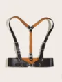 Vista dettagliata della cintura imbracatura in pelle nera con fibbie in metallo punk. - 64cm / Nero