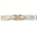 Vintage white elastic waist belt for women with gold double metal buckles, stylish accessory. - Glossy White