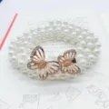 Pearl waist belt, elegant multi-strand faux pearl waist chain with double butterfly buckle. - Mandarin Duck Butterfly - Gold