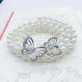 Pearl belt variant with silver rhinestone butterfly buckle, elegant elastic waist chain for dress. - Mandarin Duck Butterfly - Silver
