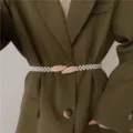 Women Elastic Pearl Waist Belt Dress Suit Decorative Metallic Leaf Buckle Chic Chain - Leaf