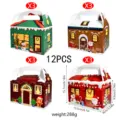 Christmas house paper gift boxes detail view, 12pcs festive cookie treat packaging set with handle. - S884 (4 Styles Mixed) / 15.7x15.5x9cm