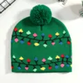 Grüne Strickmütze mit Bommel und buntem Weihnachtslichter-Muster, warme Acryl Wintermütze. - Einheitsgröße / Grüne Bunte Lichter
