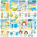 Kids DIY face swap stickers set, summer ice cream coconut cartoon puzzle sticker sheets. - Summer Make Face Stickers Set