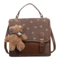 Brown vintage canvas and leather backpack for women, cute teddy bear pendant, casual school bag - Regular Fit / Brown No Pendant