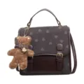 Vintage brown denim satchel bag with cute fluffy bear pendant, stylish crossbody shoulder bag. - Regular Fit / Brown No Pendant