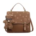 Chic brown heart print canvas backpack with cute plush bear pendant, stylish casual schoolbag. - Regular Fit / Khaki Without Pendant