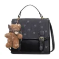 Stylish heart print denim mini backpack with cute bear pendant for women daily wear. - Regular Fit / Black without Pendant