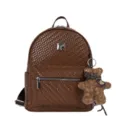 Brown woven leather backpack for women, casual large capacity rucksack with cute bear pendant. - Large (With Charm) / Brown