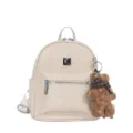 Beige woven backpack for women, stylish casual daypack with plush bear charm and pockets. - Small (With Charm) / White
