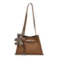 Brown leather shoulder bag with chic turn-lock and cute bear plush charm for women. - Shoulder Bag (Without Pendant) / Brown