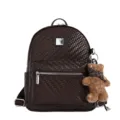 Brown woven leather backpack with cute bear pendant, casual minimalist college student bookbag. - Large (With Charm) / Brown