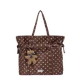 Brown polka dot canvas tote shoulder bag with cute teddy bear charm and bow decoration main view. - With Pendant / Brown