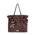 Brown polka dot canvas shoulder tote bag with cute bear pendant, large capacity casual daily bag. - With Pendant / Coffee