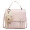 Roze retro college-stijl handtas met geweven textuur, strikgesp en schattige berenhanger charme. - Zonder hanger / Roze