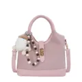 Pink bucket handbag with plush charm and pearl beaded strap, stylish retro commuter bag. - With Pendant / Pink
