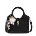 Black chic commuting bucket bag with cute plush doll keychain and detachable strap. - With Pendant / Black